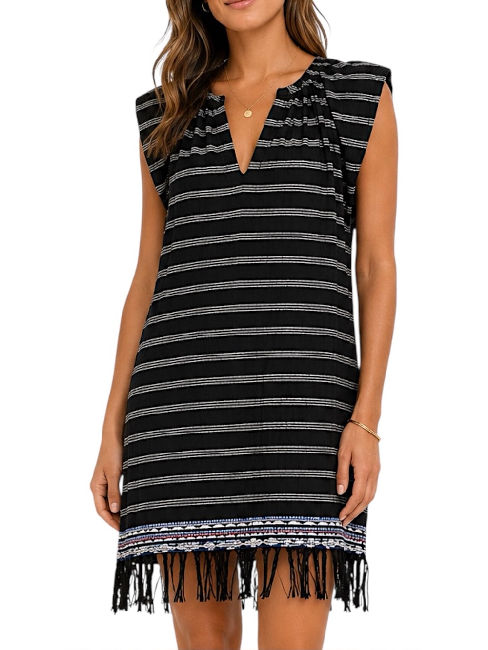 Soft Joie Santalina XS Black Striped Cotton Fringe Boho Tunic Shift Dress